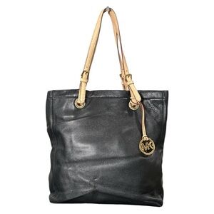 Michael Kors Black Pebbled Leather Tote Purse Shoulder Bag Nude Straps